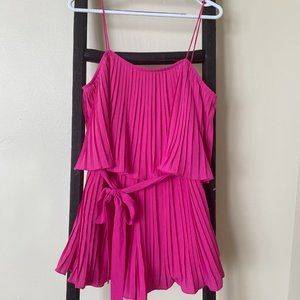 Hot Pink Pleated Strappy Romper with Tie Waist